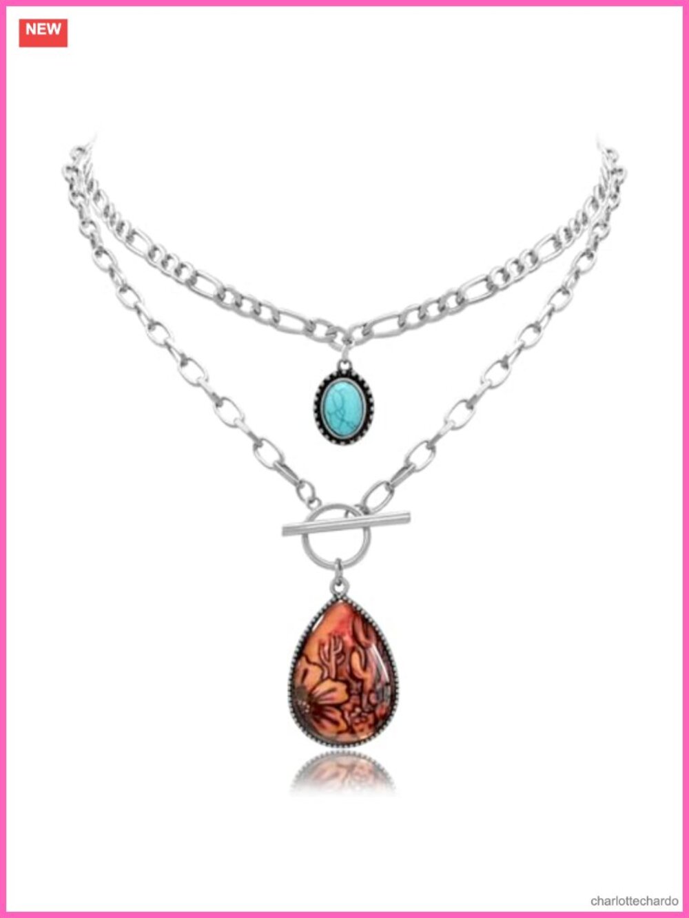 2 Pc Western Turquoise Pendant Necklace Set Boho Concho Cactus Toggle